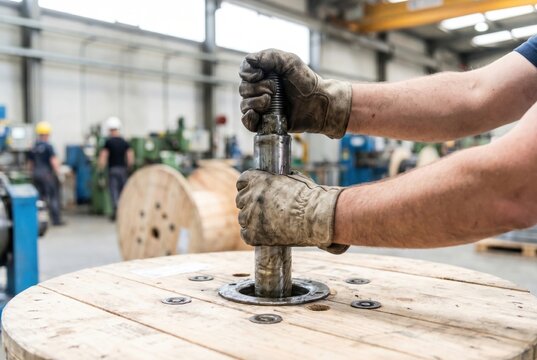 Worker wearing leather gloves assembling a large wooden cable drum with a heavy metal threaded rod