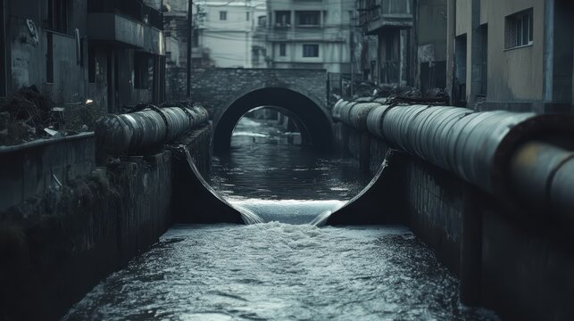 Industrial Waste Water Flowing Through City Canal Pipes Underneath an Old Bridge
