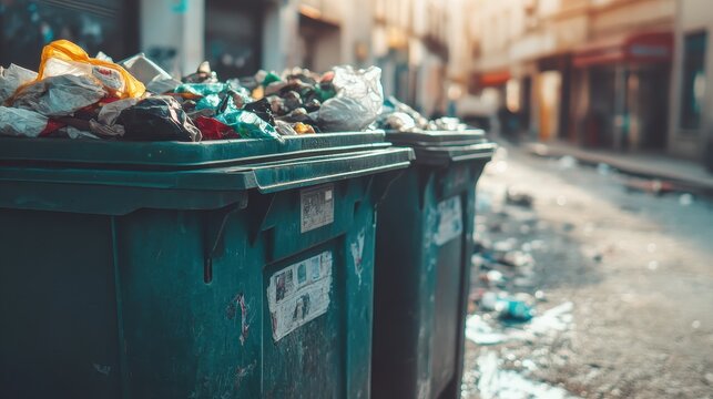 Overflowing trash containers on a city street, a common urban waste problem