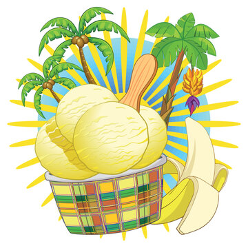 Fruity Ice Cream delicious cup banana flavour with banana plant and palm tree Vector Logo Design EPS 
