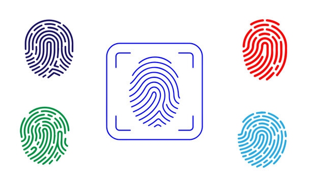 Biometric fingerprint scanning icons set, digital identity verification symbols, colorful touch ID security sensors for mobile apps and web design
