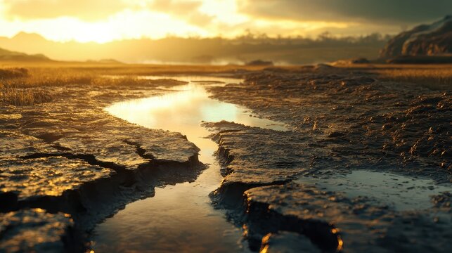 Parched earth with shallow water reflecting harsh sunlight, showcasing the severe impact of drought on a dry riverbed.