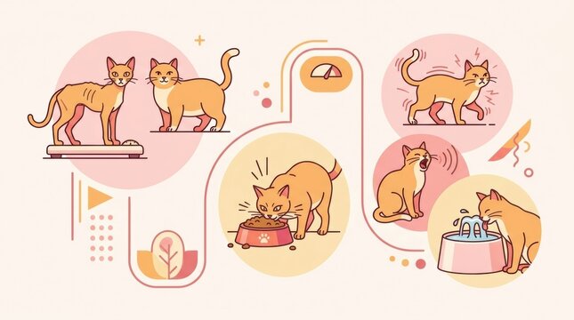 Various signs of feline hyperthyroidism are shown in this veterinary pathology visualization set. Focus is on symptoms and behaviors of affected cats.