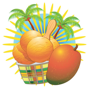 Fruity Ice Cream delicious cup Mango flavour with palm tree Vector Logo Design EPS 
