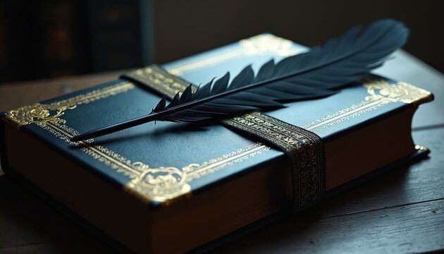 Dark blue book rests on wood table. Ornate gold patterns adorn cover edges. Black feather quill lies across bound pages, suggesting writing. Ancient tome, old manuscript, vintage story.