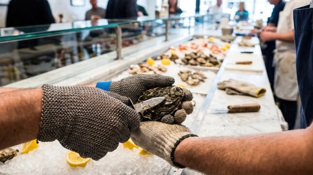 Chef wearing a protective chainmail glove using a specialized knife to shuck a fresh oyster on ice