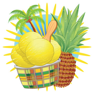 Fruity Ice Cream delicious cup Pineapple flavour with palm tree Vector Logo Design EPS 
