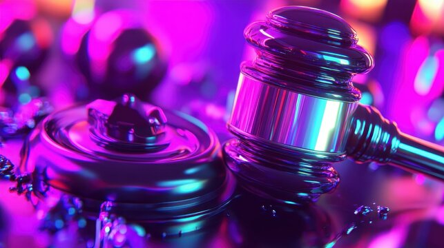 Close-up of a gleaming metal gavel and base illuminated by vibrant purple and cyan neon lights, representing legal authority and justice in a modern setting.
