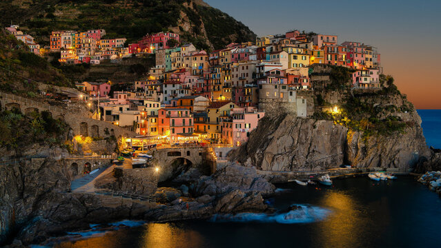 Colorful Manarola in Cinque terre Italy at night - old fishing city