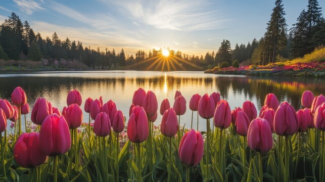 Vibrant pink tulips bloom by a serene lake at sunset with golden sunrays reflecting on the water surface