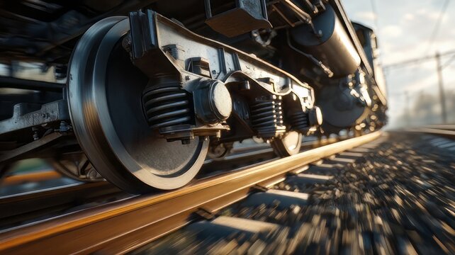 A close-up of a train wheel is in focus, while on a train track, train in the railway,train in motion, train in motion blur, close up of a steam locomotive, steam engine detail, steam train on railway