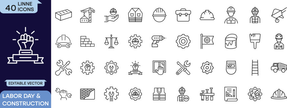 Labor Day construction industry line icons with worker tools equipment editable vector collection
