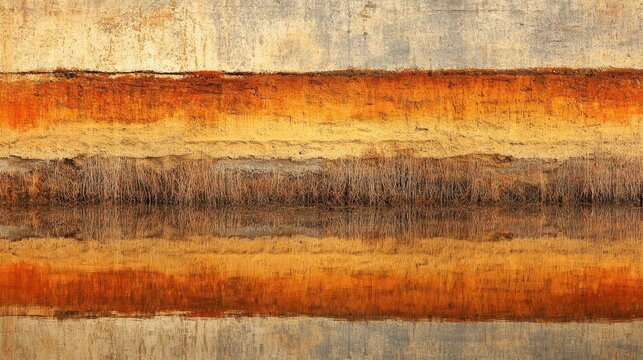 Warm sunset reflections of the coastline on tranquil ocean water showcasing nature's vibrant golden hues and abstract textures.