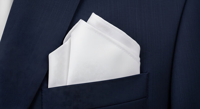 Neatly folded white handkerchief in suit pocket mockup, blank spaces for text
