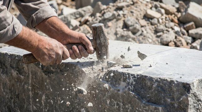 Stonemason using a heavy metal hammer to chisel and shape a large rough block of gray stone