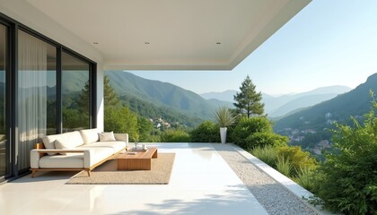 Obraz premium Modern patio furniture with white sofa and wooden table sits on deck. Overlooks rich green mountain landscape. Sunny day bright airy atmosphere. Perfect outdoor living space.