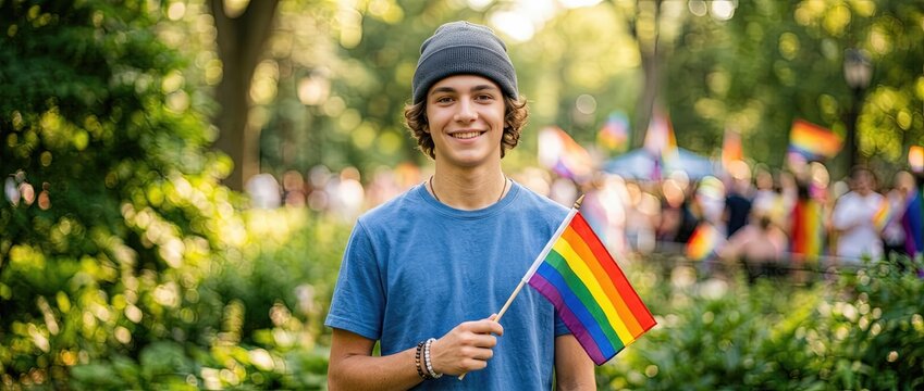 Pride celebration city park portrait of young man lush green environment smiling viewpoint embracing lgbtq+ culture