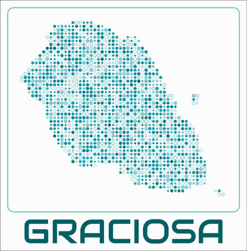 Graciosa digital style map. Small circle dots on white background. Dotted shape of the island. Graciosa map and title. Stylish vector illustration.