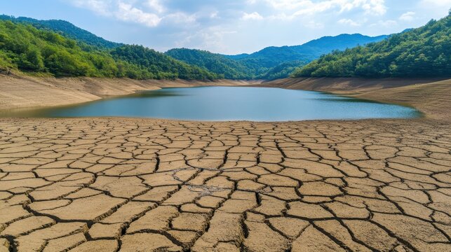 Dramatic aerial view of a shrinking lake amidst vast cracked dry earth showcasing the devastating impact of climate change