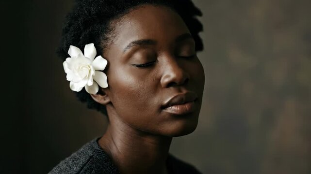White flower and black skin, striking beauty and botanical contrast, elegant close portrait or still life, soft light, refined texture, clean minimal composition, polished premium stock appeal, soft