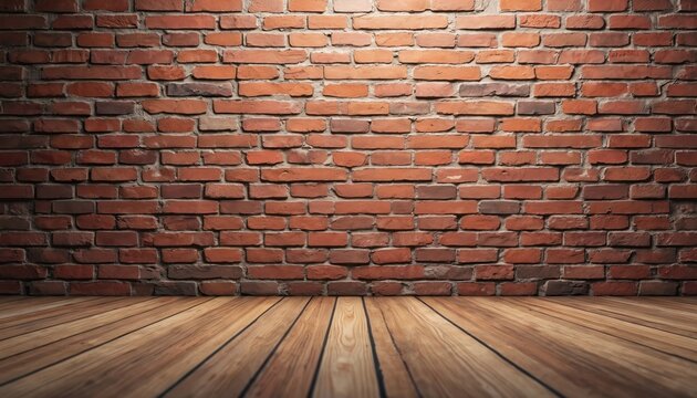 Old red brick wall and wooden plank floor create a rustic interior background. This empty textured space with warm light suits vintage or industrial themes.
