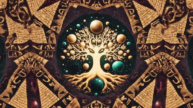 Vibrant kaleidoscopic tapestry animation with symmetrical multi-colored geometric patterns, intricate floral shapes, and textile-inspired details in a seamless looping motion.