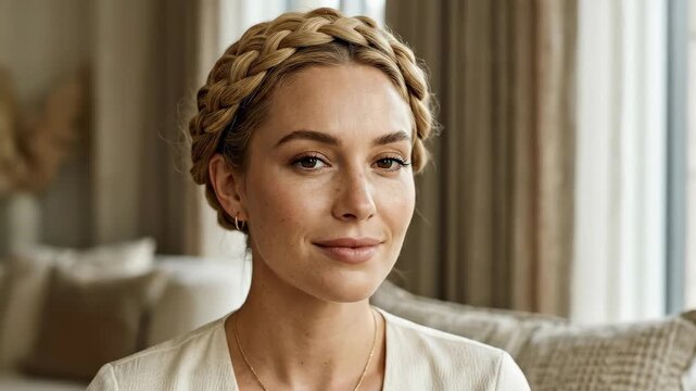 Close up of a woman with braided blonde hair, refined beauty portrait for fashion, hairstyle, editorial and personal care themes, soft light, realistic skin and hair texture, clean framing with