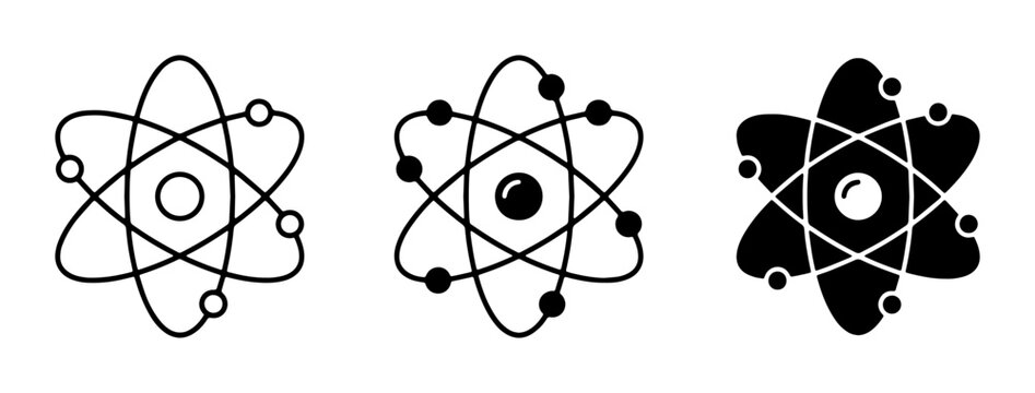 Atomic Structure Icons, Scientific Symbols, Chemistry and Physics Concepts, Set of 3 Vector Illustrations