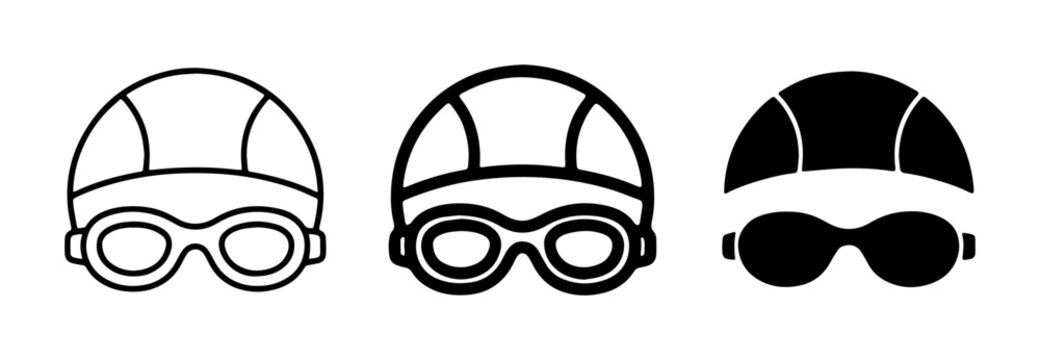 Swimming Caps and Goggles Icons, Vector Set: Clean Line Art and Solid Fill Styles for Aquatic Sports and Pool Activities
