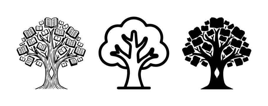 Knowledge Tree Icons, Wisdom Symbol, Education Concept, Learning Growth, Book Orchard, Tree of Life, Literacy Icons