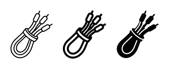 Obraz premium Audio Cable Icons, RCA Connector Set, Vintage Wire Graphics, Three Vector Illustrations for Sound Equipment
