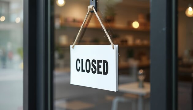 Business storefront door displays white closed sign hanging by rope. Shop interior visible through glass window. Retail establishment temporarily inaccessible. Commerce pause notice.
