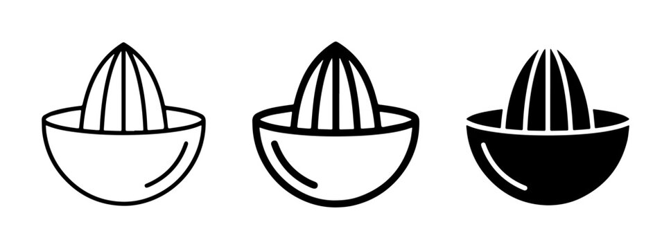 Citrus Juicer Icons: Line Art, Outline, and Solid Black Vector Graphics for Fresh Juice Preparation and Kitchen Tools