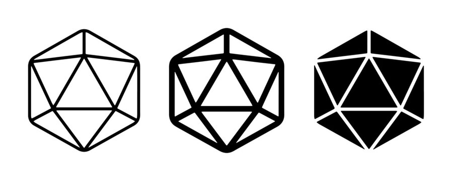 Geometric Icosahedron Icons, 3D Polyhedron Shapes, D20 Dice Symbol, Mathematical Forms, Vector Graphics Set