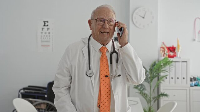 Man doctor in white coat with stethoscope and orange tie holding smartphone to ear in medical building, eye chart and wheelchair visible; reassuring care.