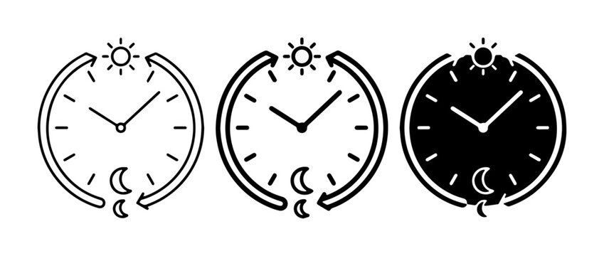 Day and Night Cycle Icons, Time Progression, Clock Symbols, 24 Hour Rotation, Sun and Moon Phases, Circular Arrows, Vector Graphics