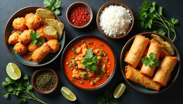 Assorted Thai dishes in flat lay style. Includes fried items like spring rolls and fritters, spicy soup, white rice, lime wedges, and chili paste.