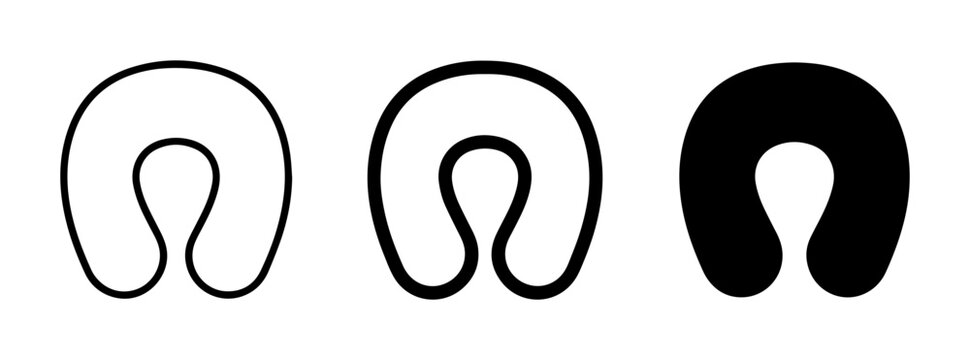 Travel Neck Pillow Icons Set, U-Shape Comfort Support, Simple Outline and Solid Black Vector Graphics for Journey and Relaxation