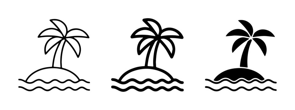 Tropical Island Icons, Palm Tree Beach Graphics, Ocean Wave Vector Set, Simple Vacation Symbols