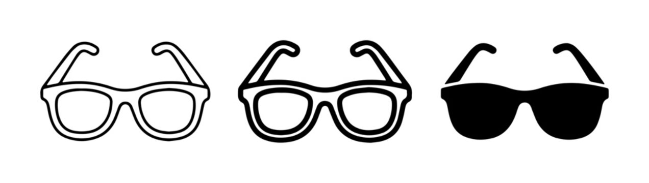 Eyewear Icons: Three Styles of Glasses, Silhouette and Outline, Vector Graphics for Fashion and Vision Concepts