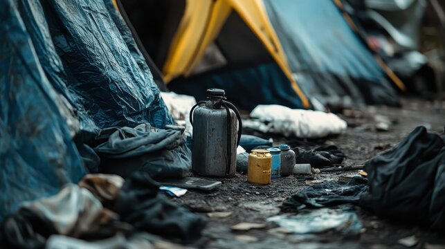 Makeshift Camp Belongings and Water Container in Urban Poverty Settlement Under Overcast Sky