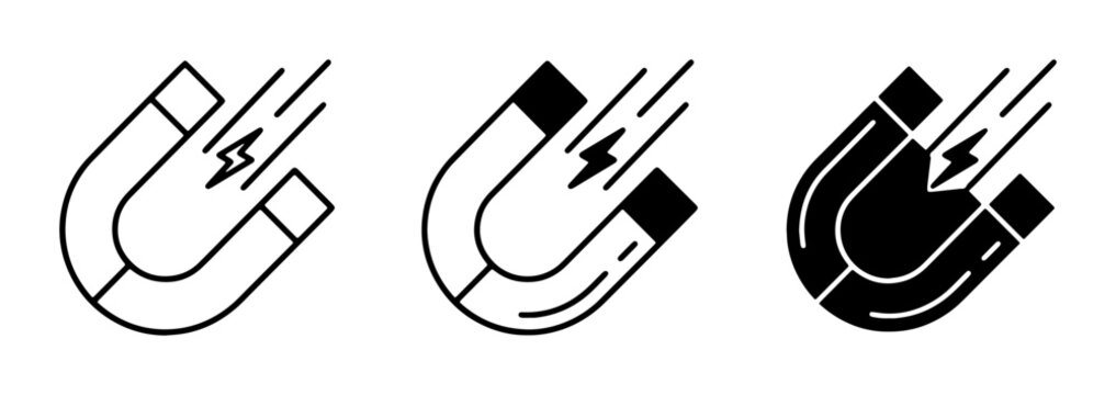 Magnetism Icons, Attraction Symbols, Magnetic Force Vector Graphics, Science and Technology Concepts