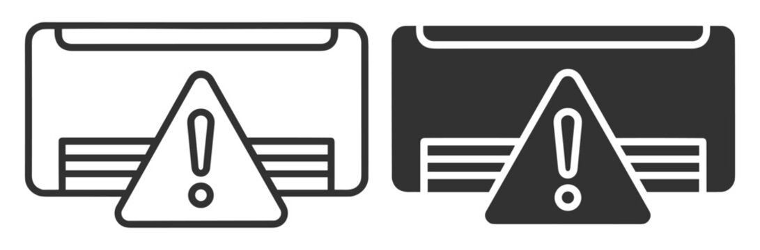 printer warning icon set vector illustration of inkjet device and alert triangle symbol on transparent background