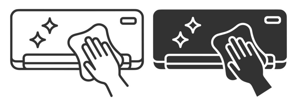 hand cleaning air conditioner unit icon set line and solid style vector illustration on transparent background