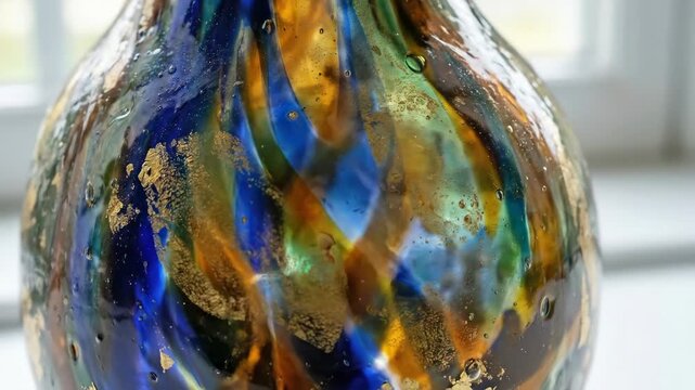Macro closeup of color texture patterns on a handmade glass vase, artisan craft detail for home decor, design, retail and material study themes, rich hues, tactile surface, soft light, realistic