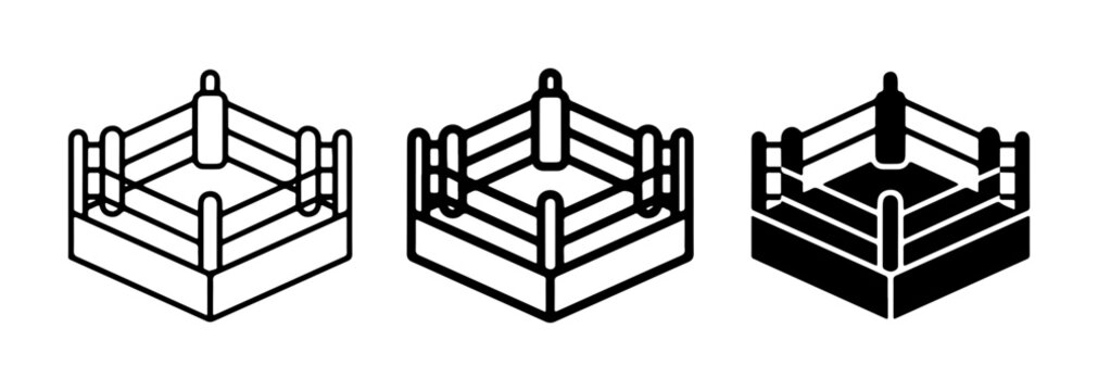 Boxing Ring Icons, Fighting Arena Vector Graphics, Combat Sport Symbols, Championship Competition Set, Isolated on White Background
