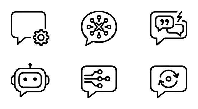 Chatbot Icons Set, AI Assistant Speech Bubbles, Bot Communication Symbols, Technology and Support Vector Graphics