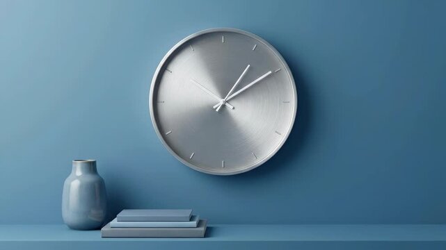 Minimalist clock showing time in a modern blue setting, clean design object with elegant hands and contemporary styling, time management, schedule and interior decor concept, smooth background, soft