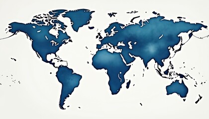 Naklejka premium Blue watercolor world map illustration with artistic texture on white background. Continents and oceans outlined for global concepts and eco themes. Clean design suitable for environmental awareness.