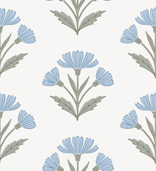 Seamless floral pattern in a block print style with hand-drawn blue wildflowers. Perfect for textiles, wallpaper, wrapping paper, and stationery. © Julia Laime